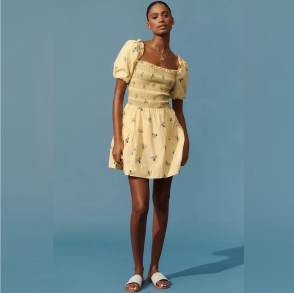 Anthropologie Yellow Floral Smocked Mini Dress